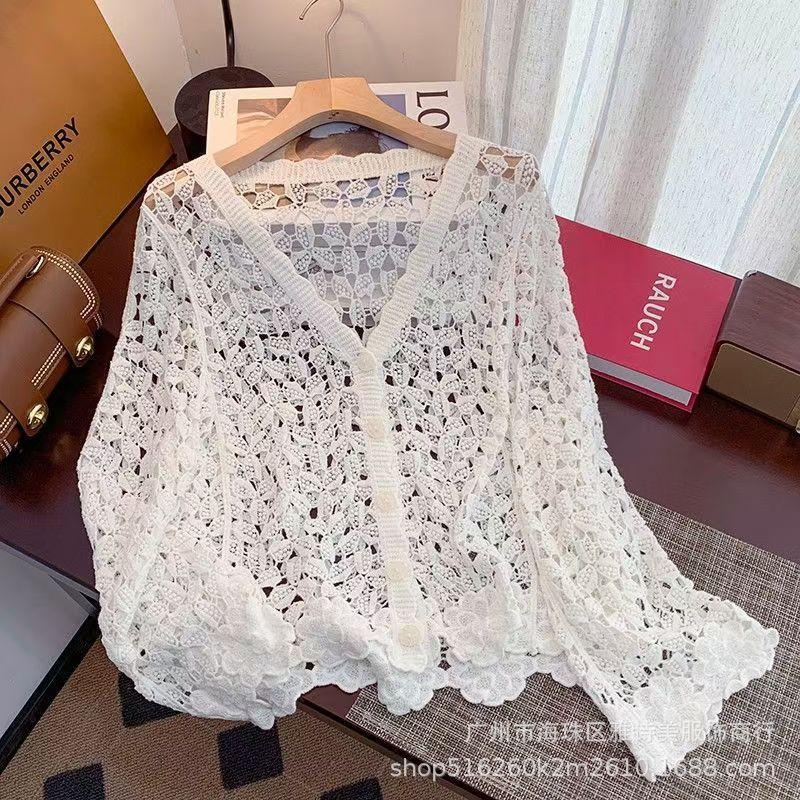 Fashion loose and thin hollow crochet knitted sweater women's new foreign style unique chic cardigan long-sleeved top