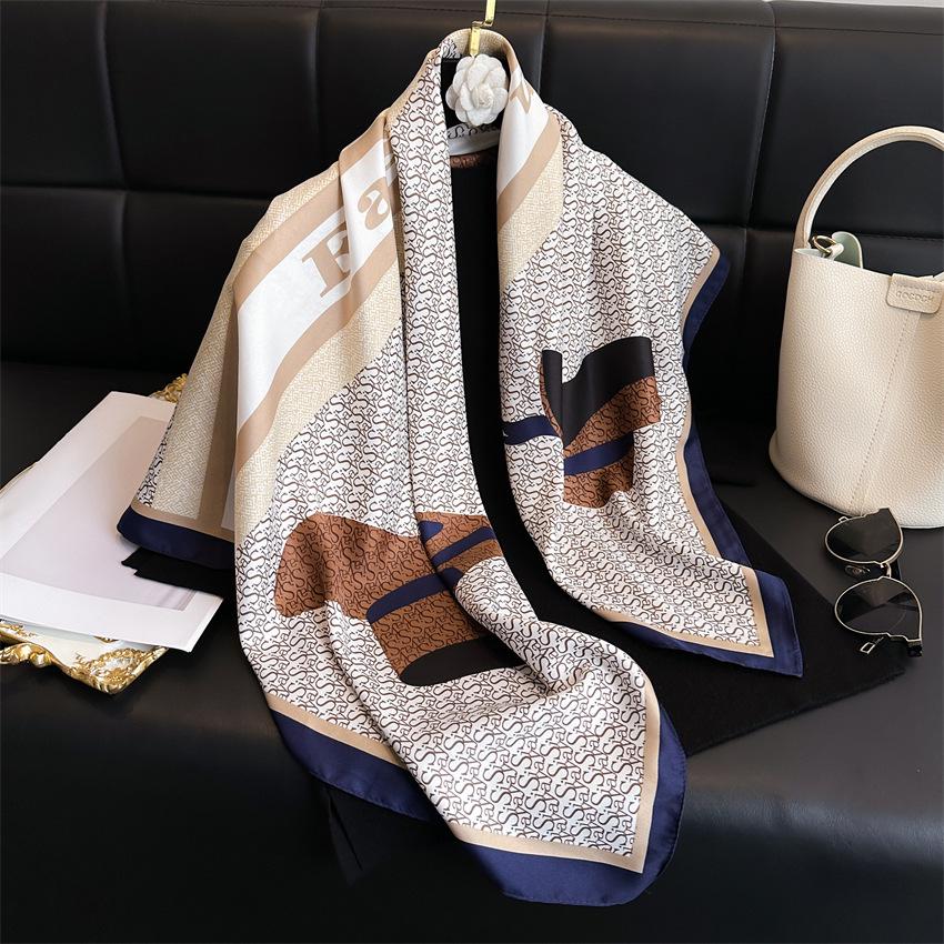 Women's Retro Twill Silk Scarf - 90cm Versatile Shawl for Travel & Sun Protection