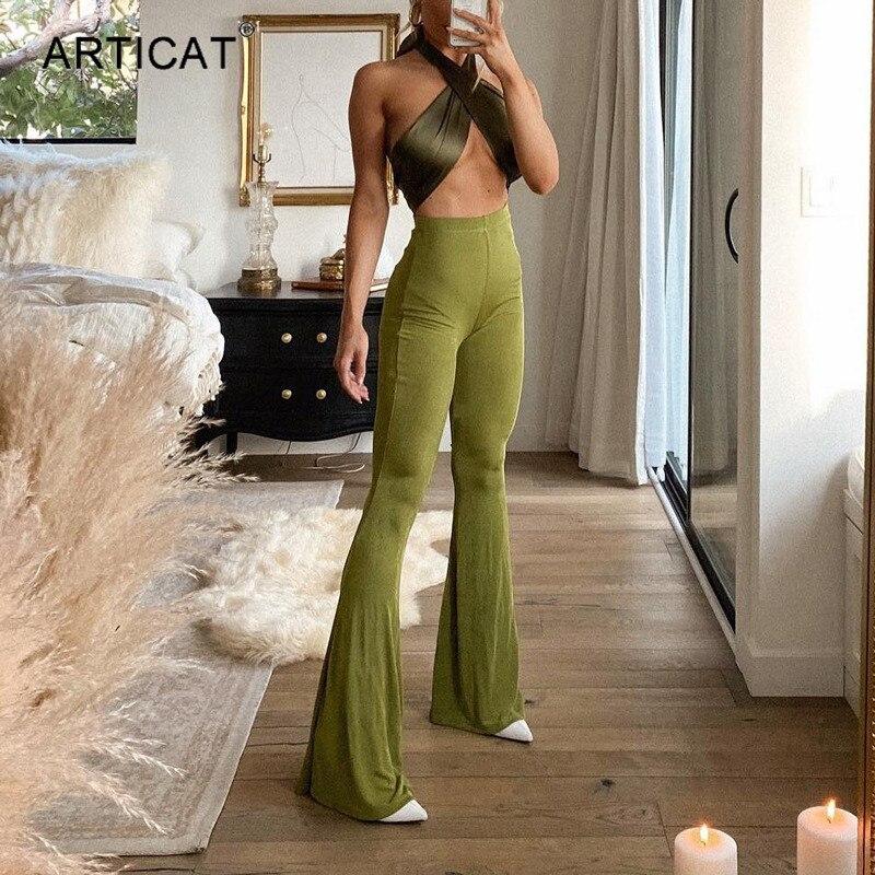 Articat 2021 Primavera Cintura Alta Flare Pantalones Elásticos Mujer Moda  Verde Pantalón Largo Verde Delgado Ropa de calle Casual Solid Woman Pants  comprar a buen precio — entrega gratuita, reseñas reales con