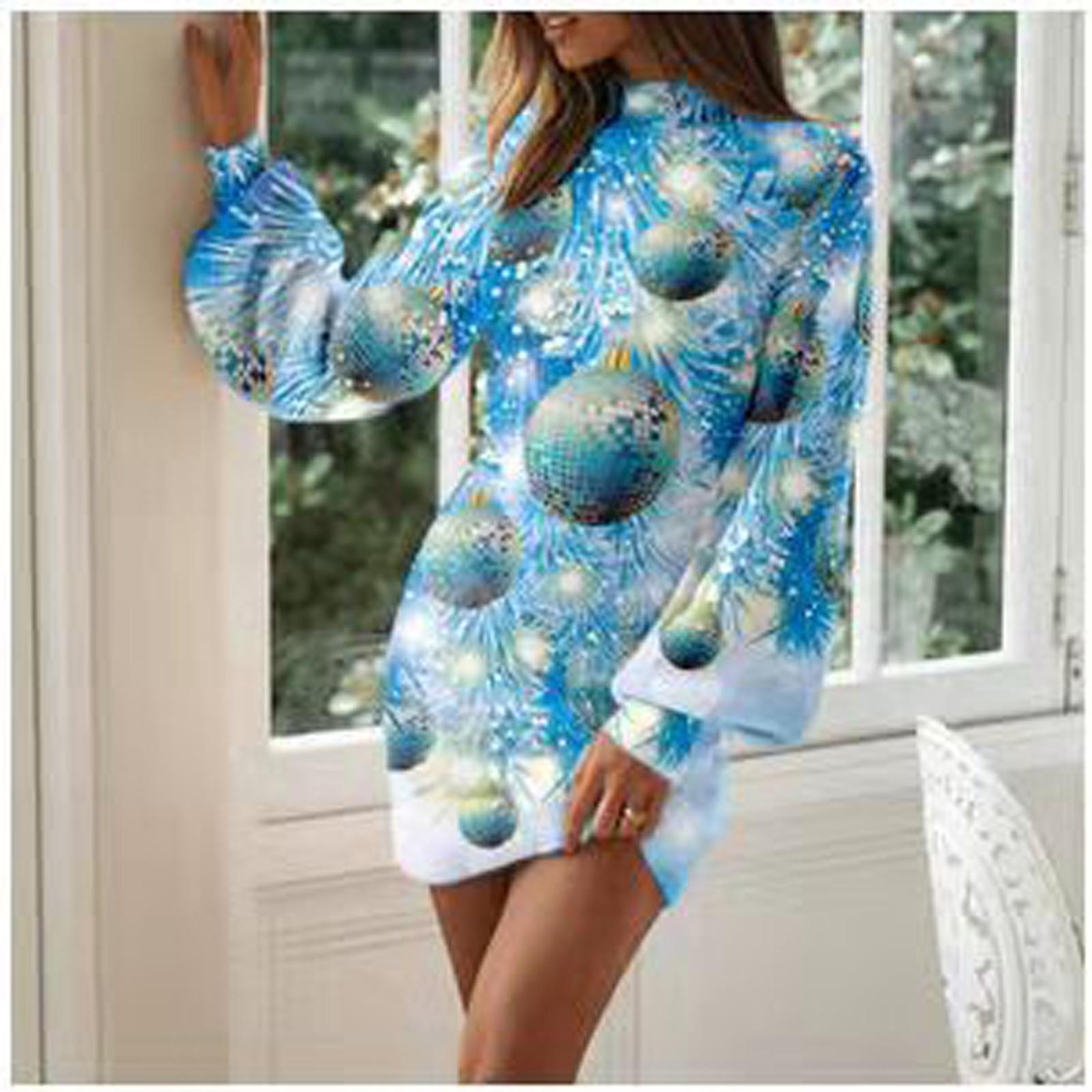 

Women s Fashion Socket Head Sexy Christmas Print Slim Long Sleeve Dress S синій