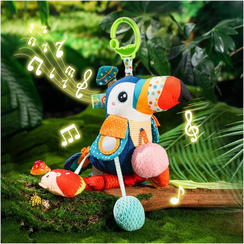 Jollybaby Musical Activity Pull String Hanging Toy for Baby Stroller Car Seat Crib Play Gym, Plush Stuffed Toucan Toy for Carseat with Music Teether