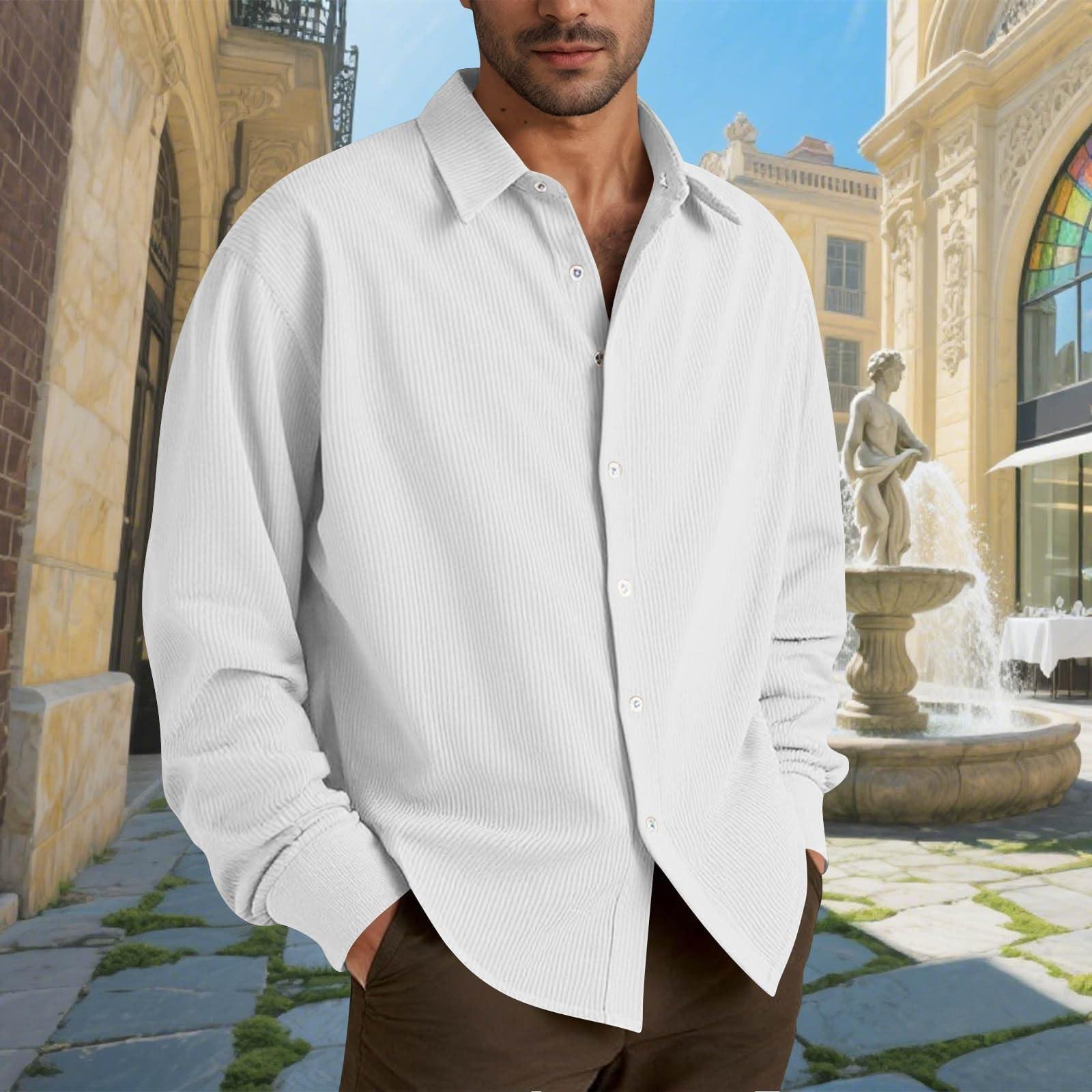 

Мужские хлопковые рубашки с длинным рукавом, повседневная текстурированная футболка на пуговицах, свободные топы для отпуска, пляжа, легкие XL белый