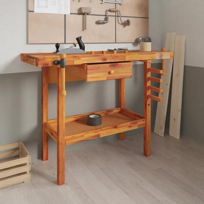 VidaXL Workbench with Drawer and Vices 124x52x83 Cm Solid Acacia Wood 153320