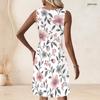 Women Plus Size White Floral Printed Sleeveless A Line Dress Round Neck Keyhole Ring Detail