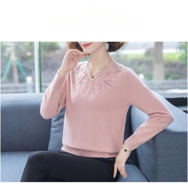 Módní svetr pro maminku z imitace vlny, volný, s výšivkou a kamínky, dámský, pro střední věk, větší velikost, podzimní zima