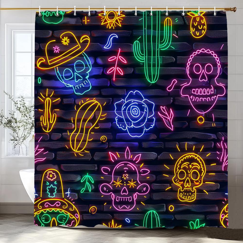 

Cartoon Creative Fluorescent Neon Pattern Shower Curtain, Bathroom Decorative Shower Curtain, Home Shower Curtain with Hooks 90x180cm-35x70in