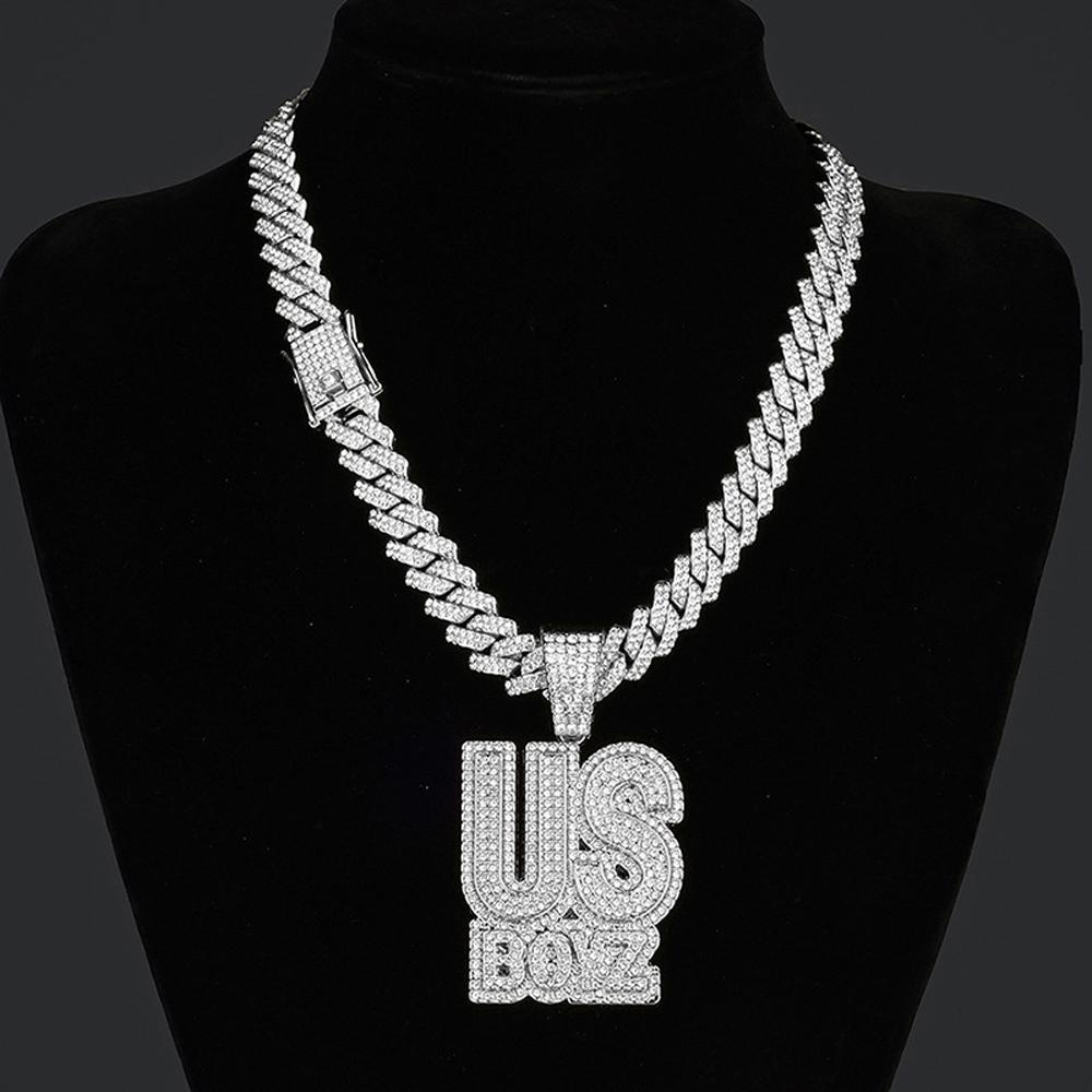 Men's Rhinestone US Boys Letter Pendant Necklace With 13mm Iced Out Bling Square Cuban Chain Charm Fashion Hip Hop Men Jewelry