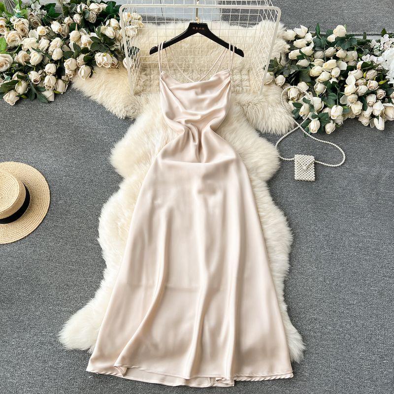 Temperament Goddess Style Open Back Satin Sling Dress