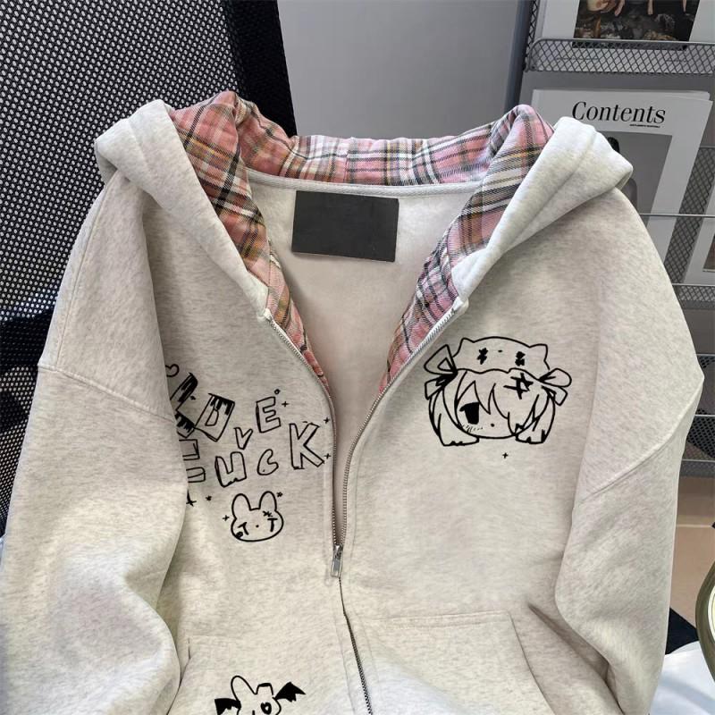 Oversized Hooded Sweatshirt With Letter Print Unisex Vintage Plaid Streetwear Long Sleeve Top