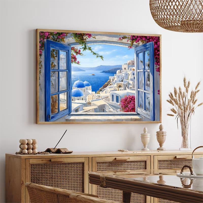 Open Window Santorini Island Ship Aegean Sea Wall Art Poster Print Greece Canvas Painting for Living Room Home Decoration