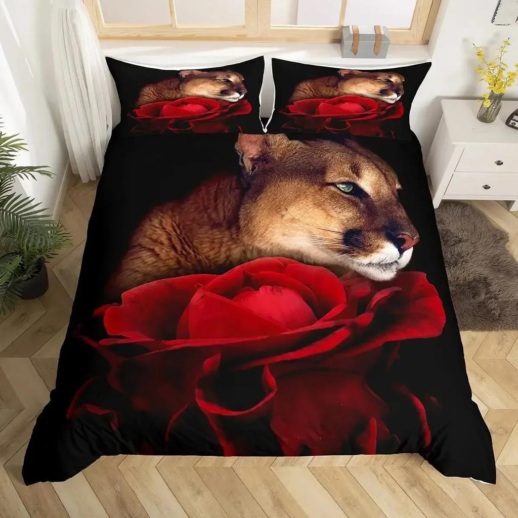 Lion Rose Animal Floral Nature Theme Comfortable Duvet Quilt Cover Pillowcase Bedding Set Children Bedroom Decoration Home
