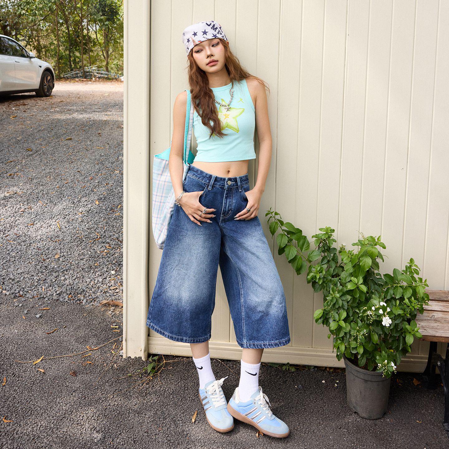 Women s Retro Blue Washed High-Waisted Wide-Leg Denim Pants for Spring/Summer 2026 XS