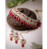 Glitzy Gold Plated Rani Pink Ad Stones & Beads Studded Choker Necklace Set For Women
