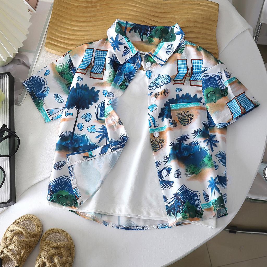 Boys' Beach Vacation Style Shirt - Summer Children's Stylish Loose Short-Sleeved Shirt
