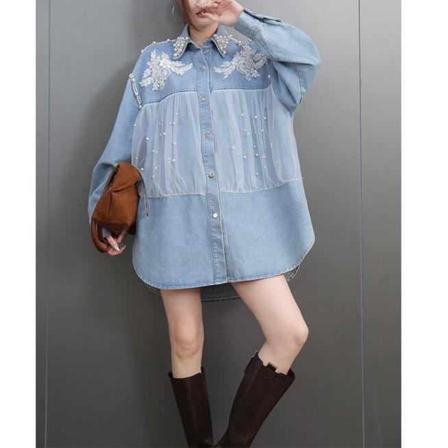 European heavy industry flower denim shirt women s loose and thin medium and long heavy industry bead mesh loose top tide one size fits all светло-синий