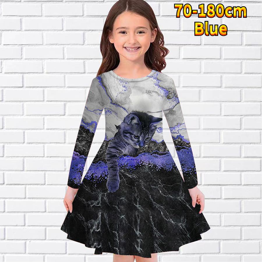 Girl Casual The Cat In the Grass Print Round Neck Long Sleeve Dress Kid Princess Dress
