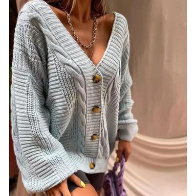Autumn 2025 Women's V-Neck Lantern Sleeve Knit Cardigan - Loose & Sexy European/American Style Sweater