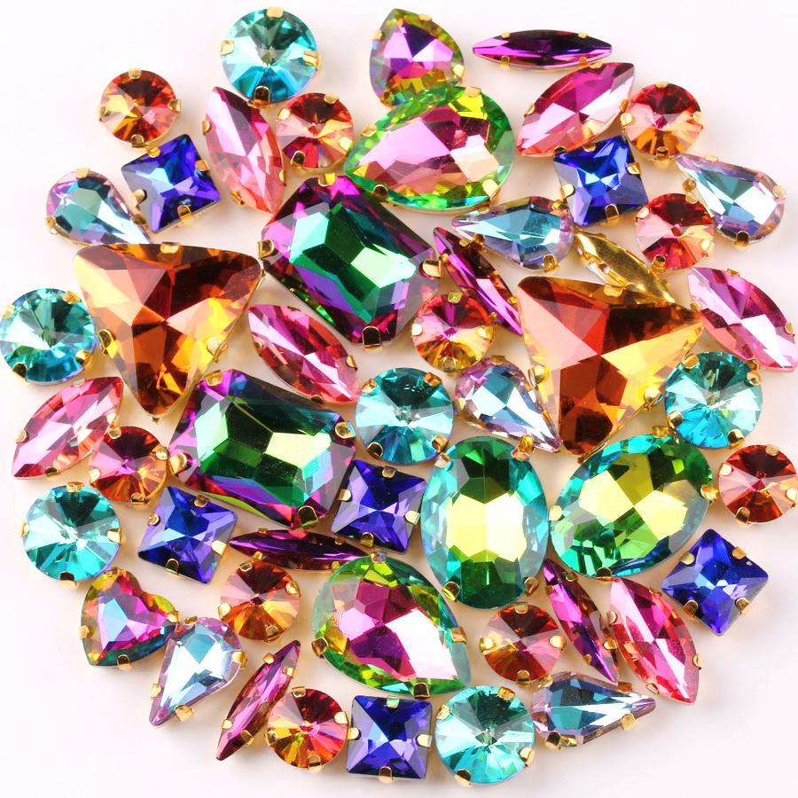 Goldkrallenfassung 50 Stück/Beutel Formenmix Dunkelroter Glas-Nähkristall Strass Hochzeitskleid Schuhe Taschen DIY-Besatz