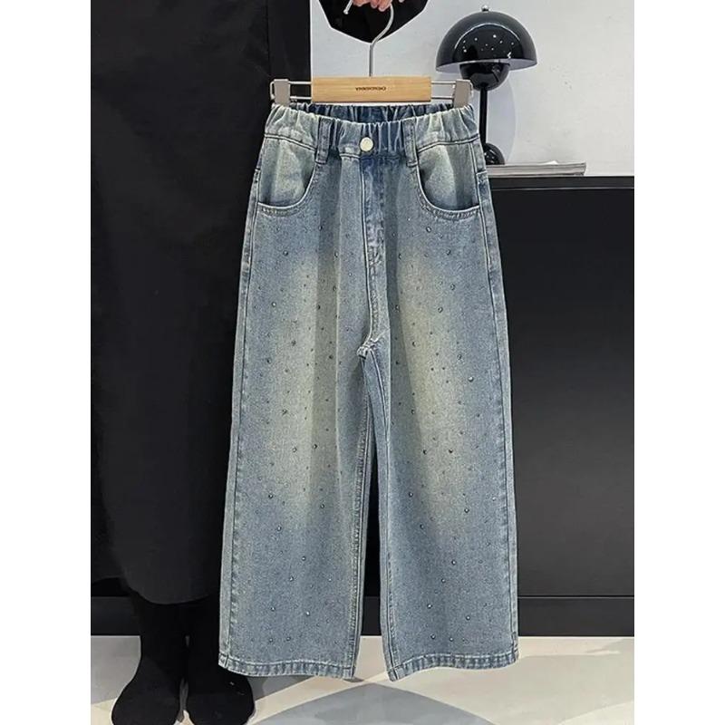 Girls Stamping Jeans Spring Autumn Children's Loose Straight Leg Pants Korean Version Girl Wide Leg Pants