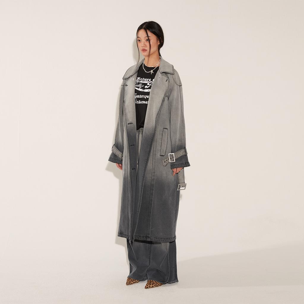 Salty Pebble Gradation Denim Trench Coat [Grey]