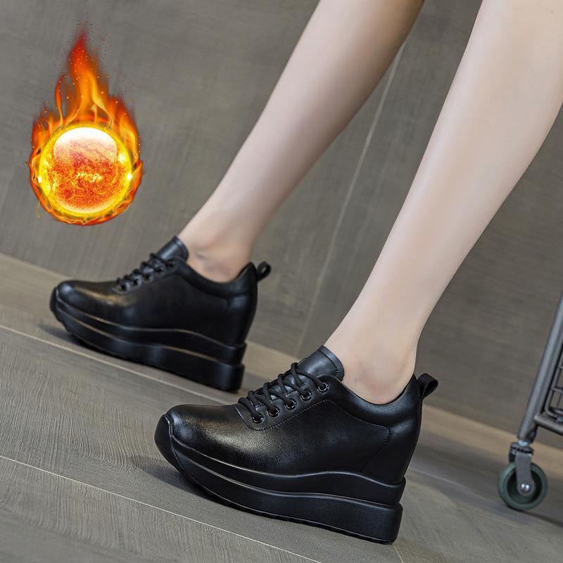Fashion 10CM Genuine Leather Sneakers Platform Shoes Wedge Hidden Heel Pumps Warm Fur Fashion Sneakers Women Winter Shoes