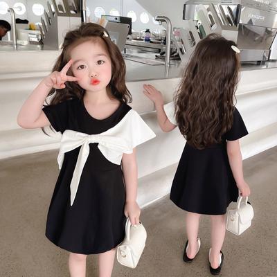 Girls Dress Big Bow Black White Color Children Summer Short Sleeve Dresses Casual Kids Costume