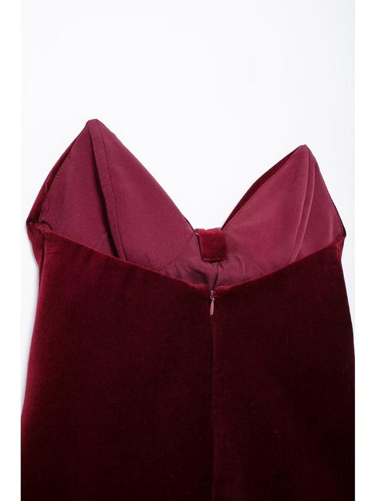 2024 Burgundy Velvet Sleeveless Top with Bow - European and American Winter Fashion Women's Clothing
