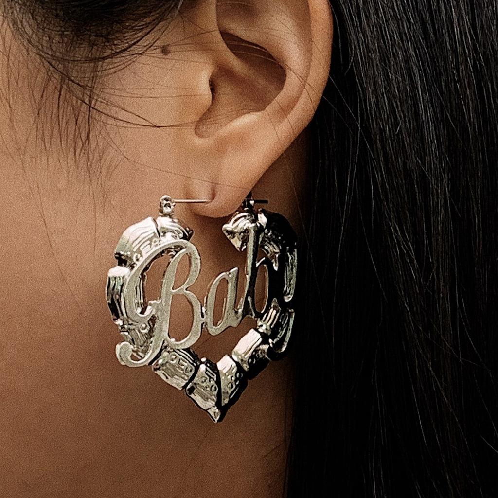 Hip Hop Punk Round Bamboo Earrings Creative Pockmarked Peach Heart Baby Letter Stud Earrings