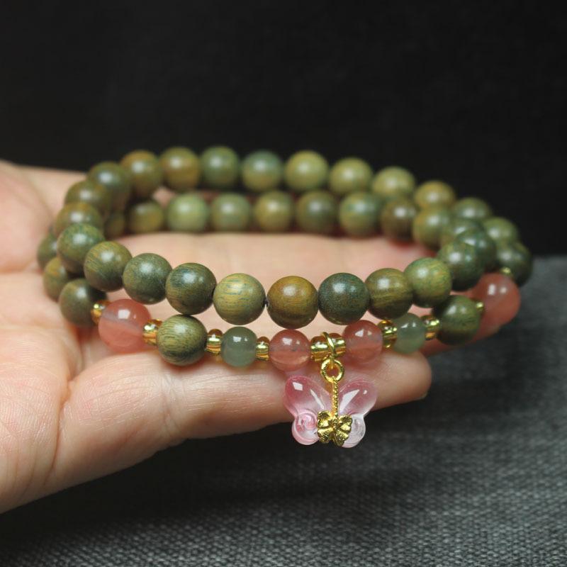 

8mm Natural Fragrant Green Sandalwood Double Circle Bracelet with Butterfly Pendant