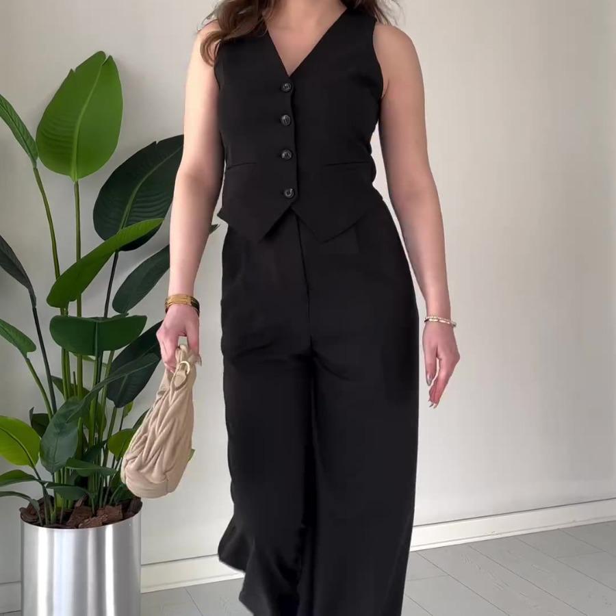 2024 Lato Moda Damska Jednolity Top i Spodnie z Szerokimi Nogawkami z Wysokim Stanem