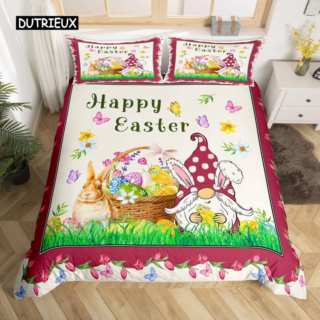 Easter Rabbit Tail Comforter Cover Pastel Pink Tulip Flowers Duvet Cover Twin Easter Eggs Kawaii Animal Bedding Set Easter Decor
