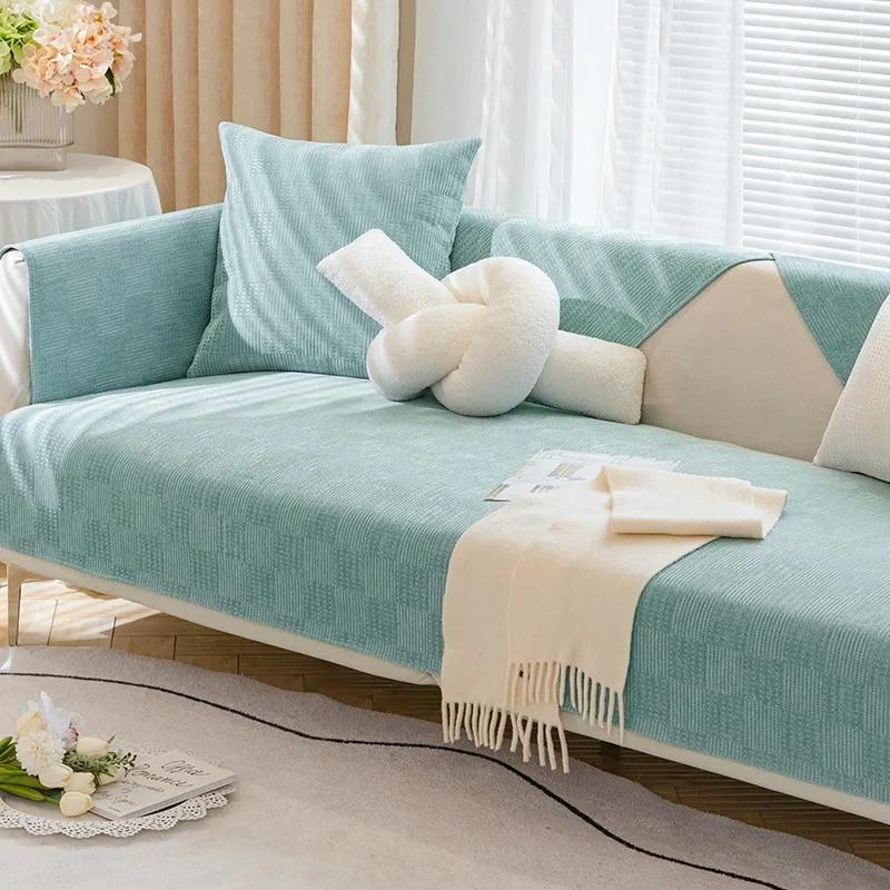 Solid Colour Simple Sofa Cover Soft Skin-Friendly Plaid Four Seasons Universal Living Room Non-Slip Sofa Cover Backrest Armrest
