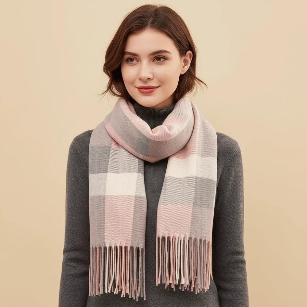Soft Knitted Wool Scarf Cold-proof Long Neckscarf with Tassel Large Classic Plaid Scarf  Women