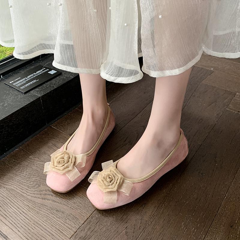 Fashion Flat Single Shoes Women Fashion Square Head Shallow Mouth Fabric Flower Soft Sole Anti-slip Wear-resistant Low-top Shoes