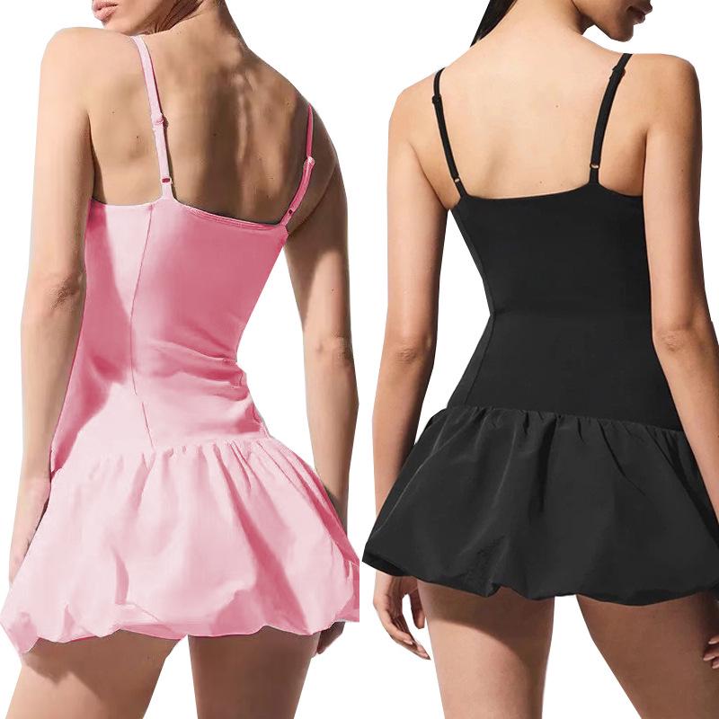Elegant Cross-Border Sweet Style Camisole with Chest Pad: Pleated Tennis Skirt and Anti-Exposure Puff Design