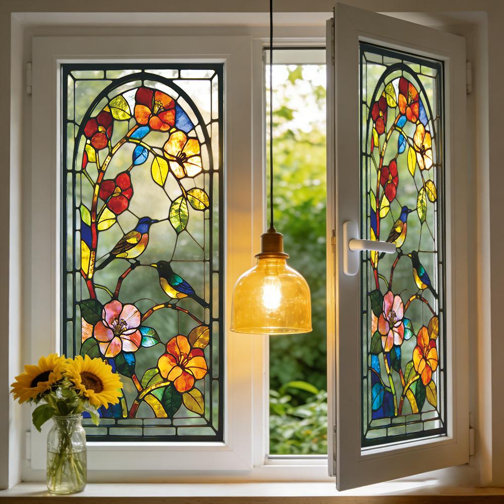 Adesivo per Vetro Finestra Espositore Balcone Esterno con Motivo Floreale e di Uccelli Retro