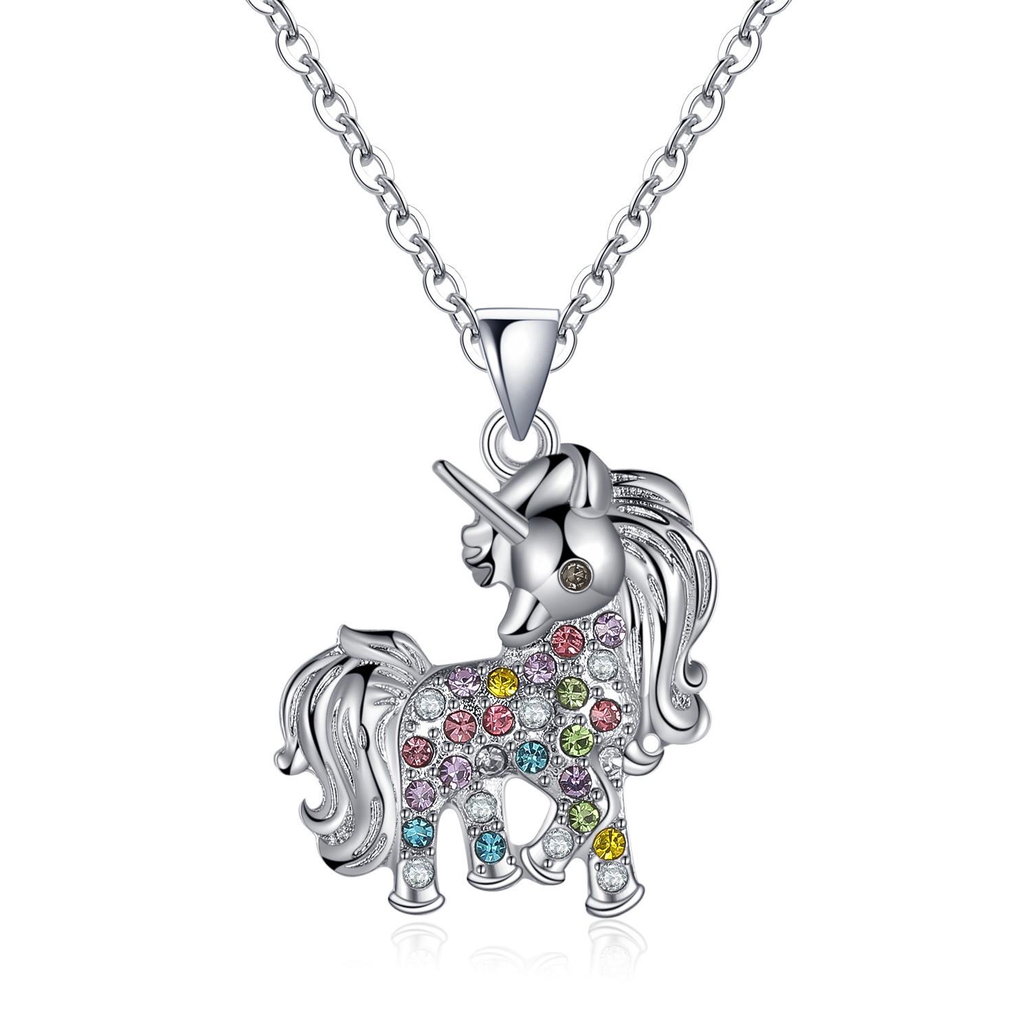 

Детское ожерелье-подвеска «Радужный единорог» - Дизайн мультяшного пони, полностью инкрустированного бриллиантами, Идеальный рождественский ювелирный подарок