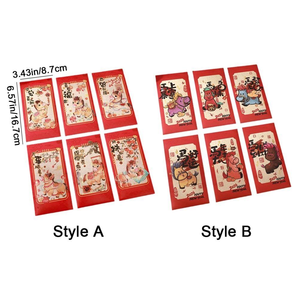 6Pcs Paper 2026 Horse Year Red Envelope Traditional Cartoon Chinese New Year Envelope Lucky Bless Words Lucky Money Bag
