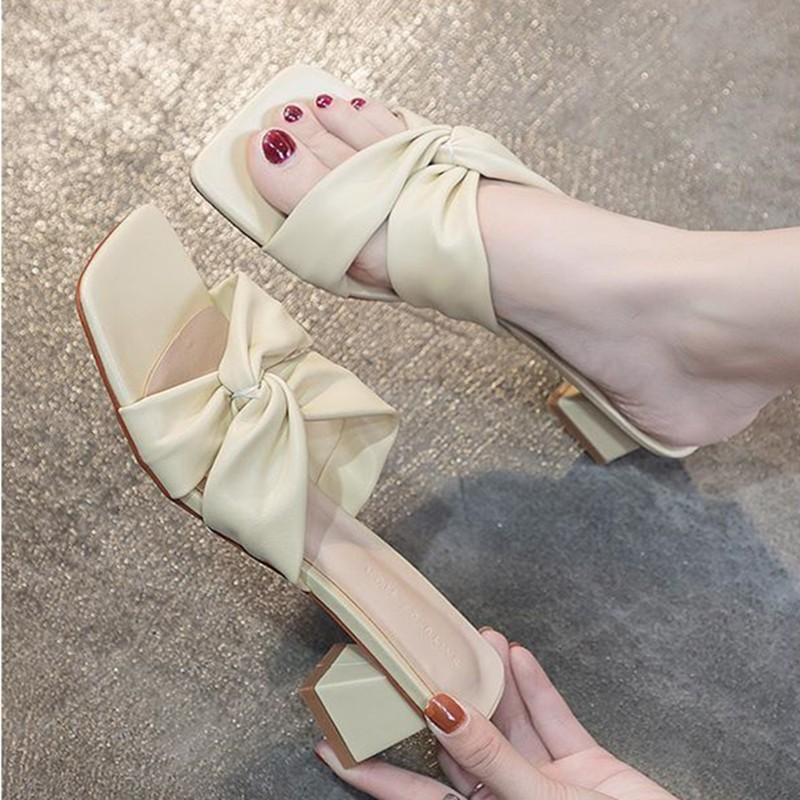 Fashion Womens Cross Strap High Heels Slippers 2025 Summer Luxury Golden Square Toe Sandals Women Designer Clear Heel Slides Woman