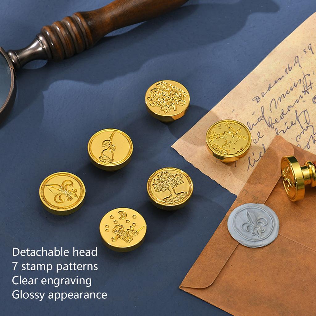 European Retro Wax Stamp Kit with Detachable 7 Vintage Stamp Heads Clear Engraving Wax Stamp   Kit for Envelope