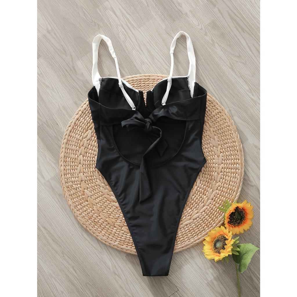 Damski Modny Czarno-Biały Wysoko Elastyczny Jednoczęściowy Kostium Kąpielowy z Wbudowanymi Miseczkami - Kontrola Brzucha, Wyszczuplający Design, Można Prać w Pralkce