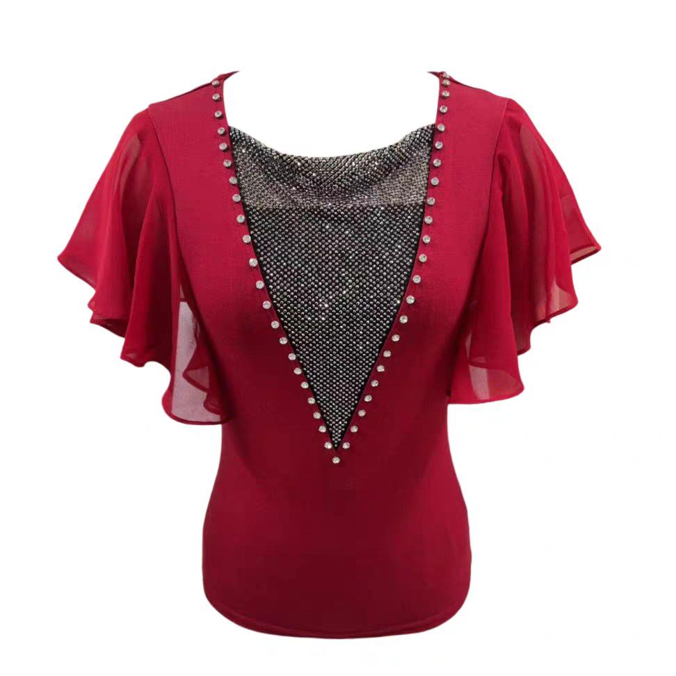 Summer Women's Sexy V-Neck Short Sleeve T-Shirts Elegant Luxury Hollowed-Out Hot Diamonds Casual Tops Brand Female Slim Tees Blouse