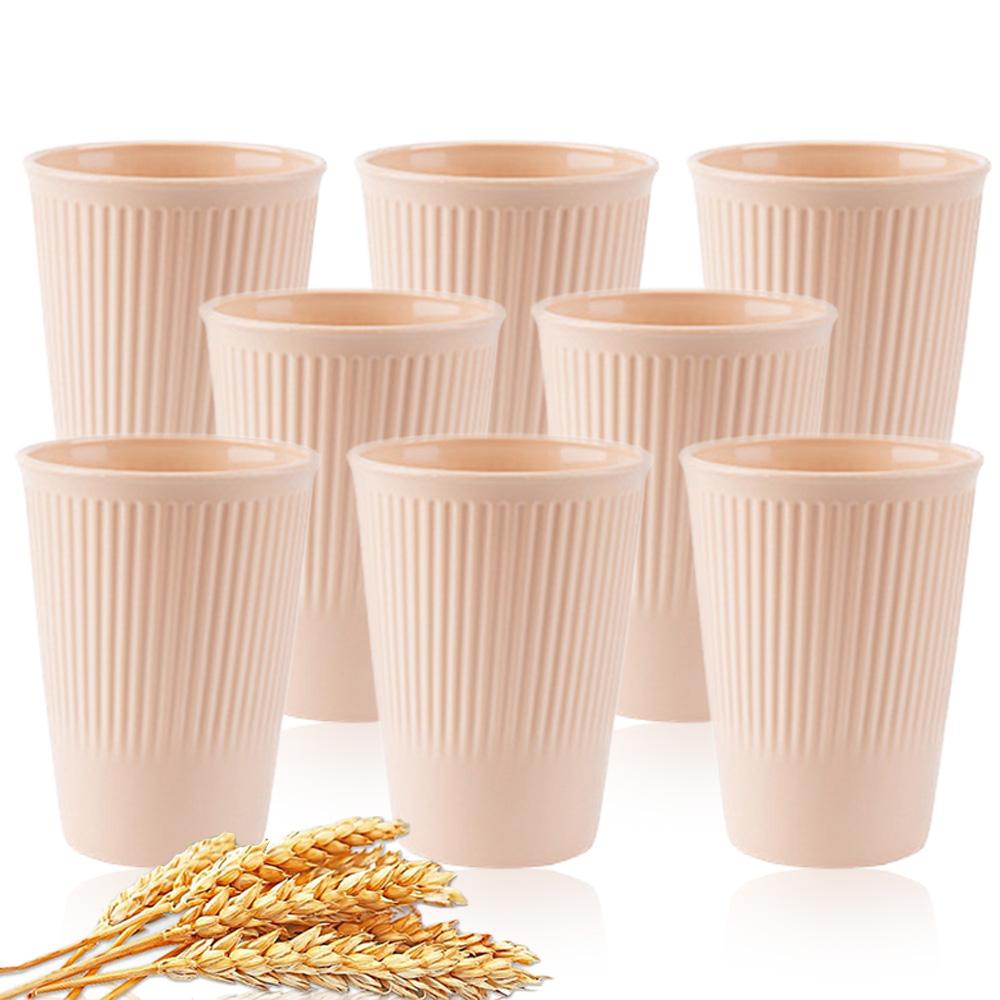 8Pcs Wheat Straw Stripe Couple Water Cups Multi-Functional Milk Coffee Mug Household Plastic Mouthwash Cup Drinking Accessories