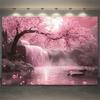2D Růžová tapiserie Sakura, Vodopád třešňových květů a Plný měsíc Závěs na stěnu pro domácí dekoraci