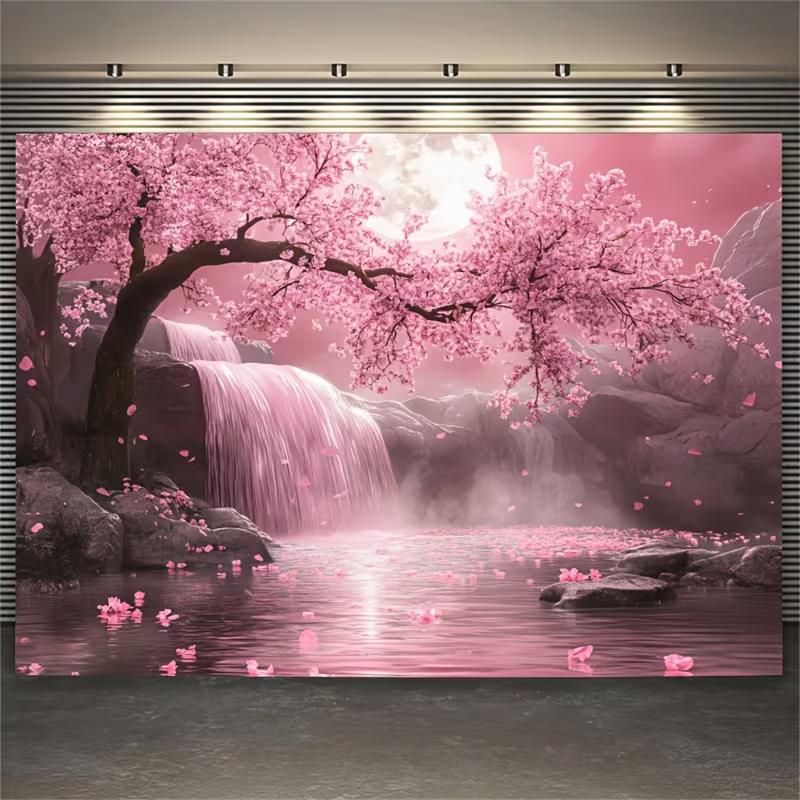 

2D Pink Sakura Tapestry, Cherry Blossom Waterfall and Full Moon Wall Hanging for Home Decor 47.2x31.5inch/120*80cm