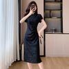 High Quality Retro Summer New Fashion New Chinese Style Improved Temperament Elastic Jacquard Thin Cheongsam Dress Women