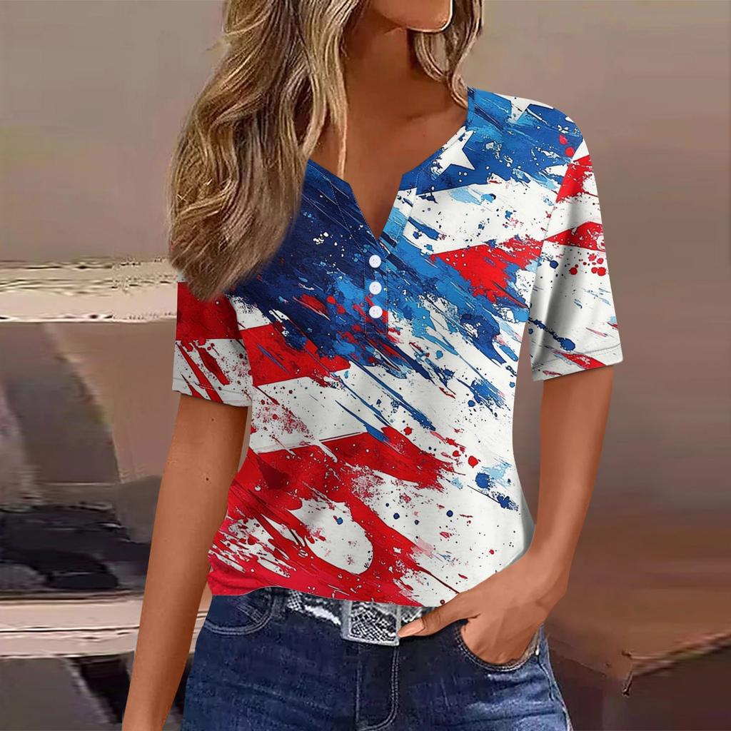 Dámské tričko Tričko Potisk knoflíku Krátký rukáv Denní víkend Móda Basic Top s výstřihem do V