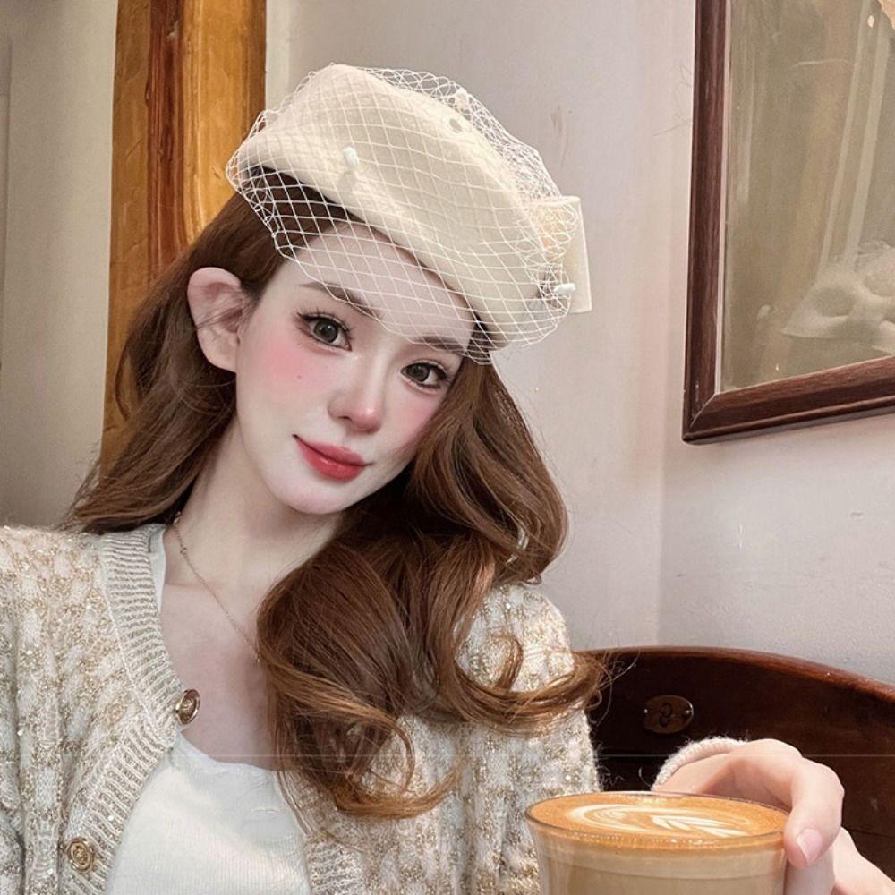 British Style Bow Hat with Veil Cashmere Wool Formal Hat New Fascinator Hat