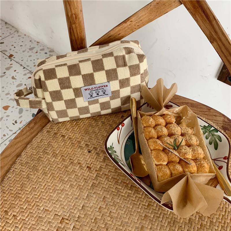 Vintage Corduroy Retro Hand Carry Cosmetic Bag Makeup Organizer Portable Wallet Women StyleA