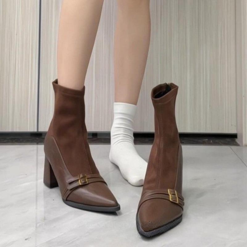 Metal Belt Buckle Spliced Suede Block Heel Single Boots Women's Fashion Pointed Toe Rear Zip Shortho Boots